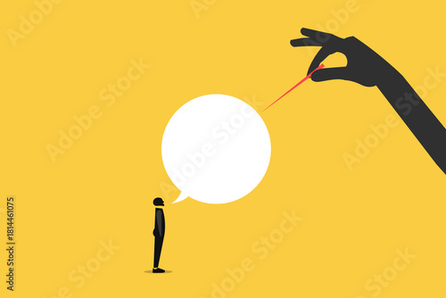 Businessman talking fake message announcement with hand holding needle