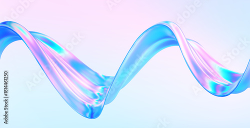 3d glass abstract wave flying. Gradient background liquid ribbon form. Hologram y2k spiral shape iridescent texture. Holographic ribbon glass effect. Vector music poster, futuristic tech template