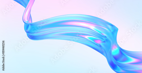 3d glass abstract wave. Gradient background with liquid flow ribbon form. Hologram blue pink curve element iridescent effect. Vector illustration for abstract music poster, futuristic tech template