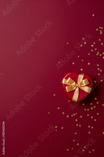Heart-shaped Gift Box With Golden Ribbon on Red Background and Scattered Hear...