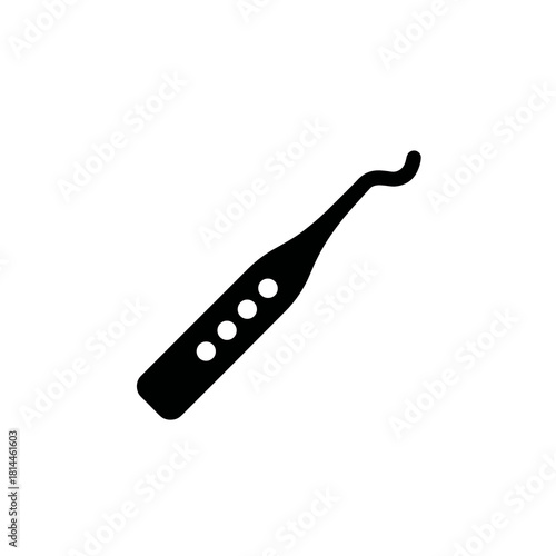 Bold dental scaler icon with curved head and dotted handle in simple minimal style