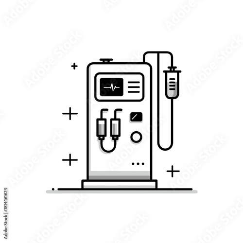Minimal black dialysis machine icon with monitor, syringes and fluid line in clean outline style