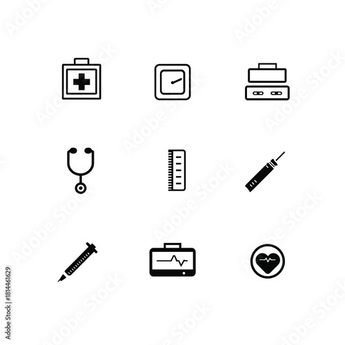 Minimal thin-line medical icon set with stethoscope, syringe, case and heart symbols