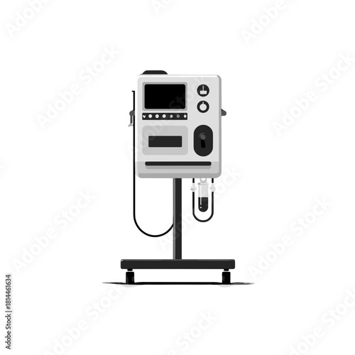 Modern dialysis machine on wheeled stand with display and control panel in clean medical style