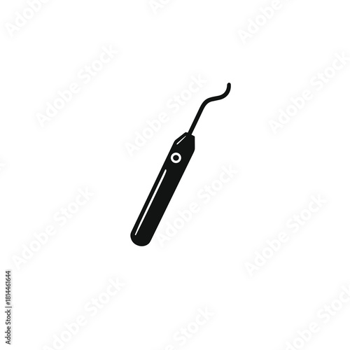 Dental scaler icon with curved tip and marked handle in bold black silhouette