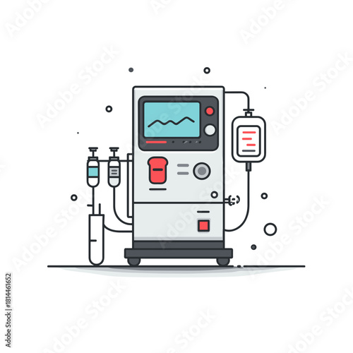 Colorful dialysis machine with display, tubes and blood bag in modern medical illustration style