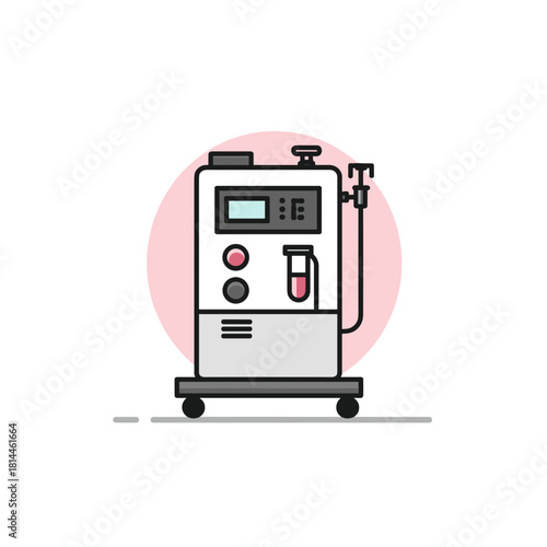 Dialysis machine with display, tubing and blood container in clean colorful minimal style