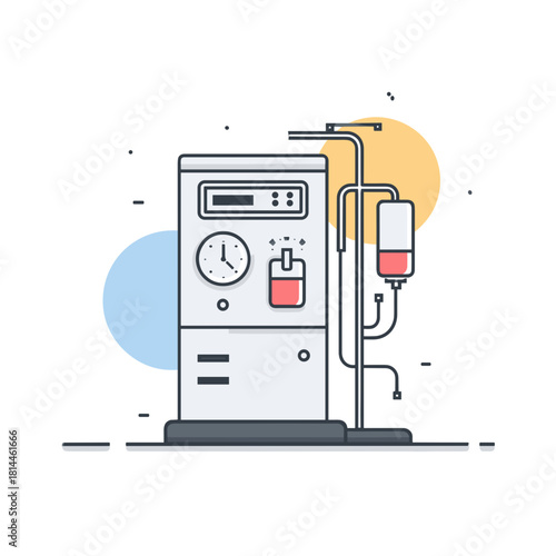 Colorful dialysis machine with clock, tubing and blood container in modern flat style