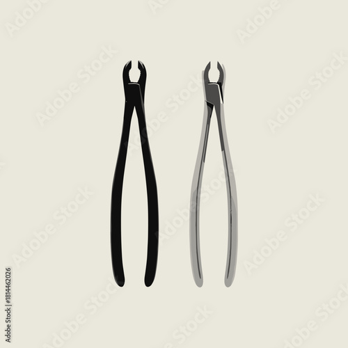 Two dental extraction forceps in black and metallic color on neutral background