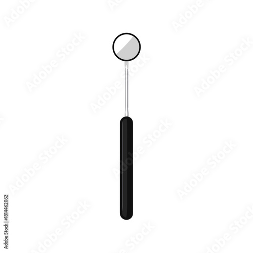 Realistic dental mirror with black handle and reflective round head on white background