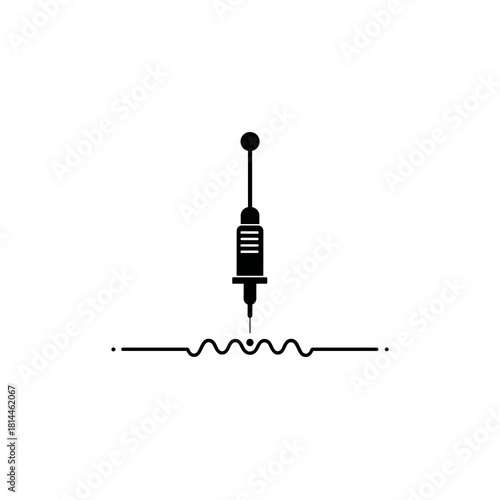 Minimalist black electrocautery device icon with a vertical handle and fine electrode tip over a wavy line