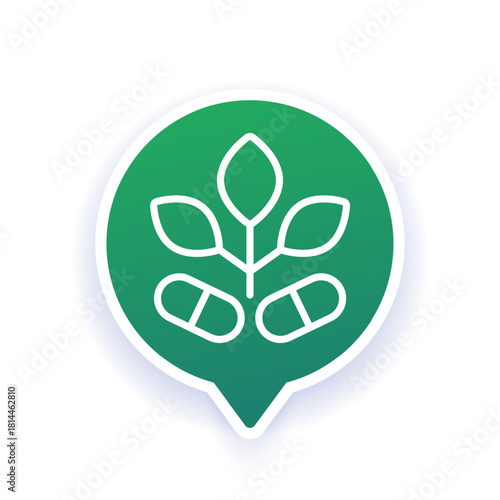 Vegan capsules icon with plant and pills, line vector