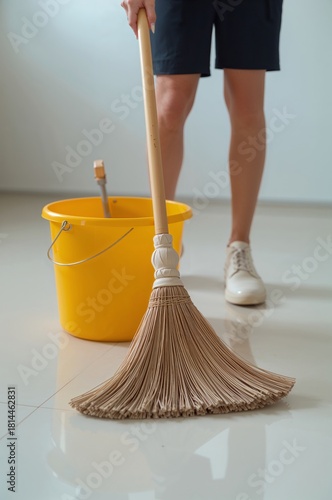 Cleaning the Floor With a Broom and Bucket in a Bright Indoor Space in the Af...