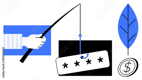 Hand fishing for a password tag conveys data security risk. Coin and leaf suggest finance, growth. Ideal for cybersecurity, phishing, online privacy, finance, risk, education simple flat metaphor