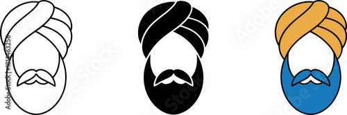 Set of Sikh man face icons featuring traditional turban and beard symbolizing cultural identity