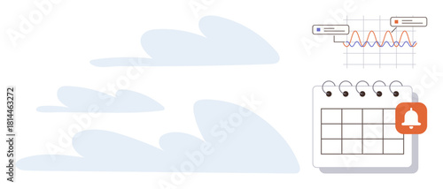 Calendar with notification bell beside analytics chart representing data, time management, and productivity. Ideal for planning, scheduling, analytics, alerts, task management, work tracking simple