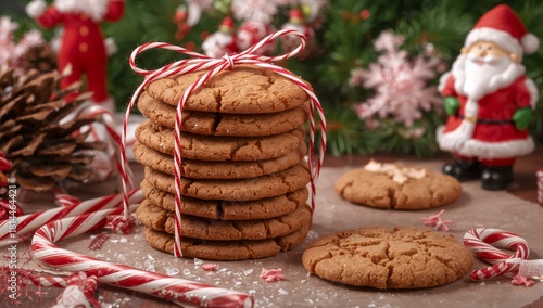 Festive Cookies Stacked With Candy Canes on a Holiday Table in a Cheerful Set...