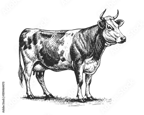 Vintage engraving-style illustration of a standing cow in profile. Detailed linework and realistic anatomy. Ideal for farm branding, dairy packaging, organic products, and retro design.