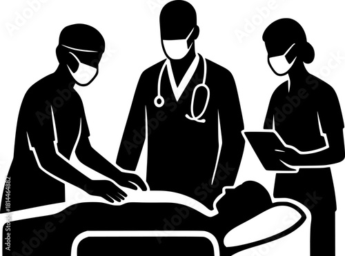 Minimalist Black and White Vector of Medical Team Around Patient. Healthcare hospital medical staff treatment icon
