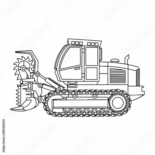Heavy-duty tracked feller buncher machine with cutting head and cab, construction equipment illustration