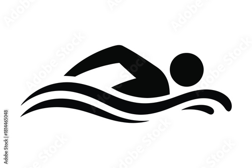 Swimming Icon – Freestyle Swimmer Silhouette with Water Waves on White Background