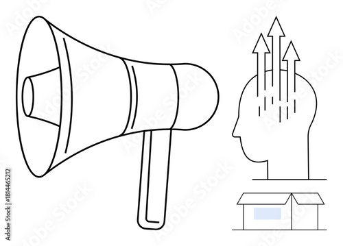 Communication concept. Communication illustrated with a megaphone and symbols, showing growth, idea sharing, and information dissemination. Communication for marketing, education, teamwork, social