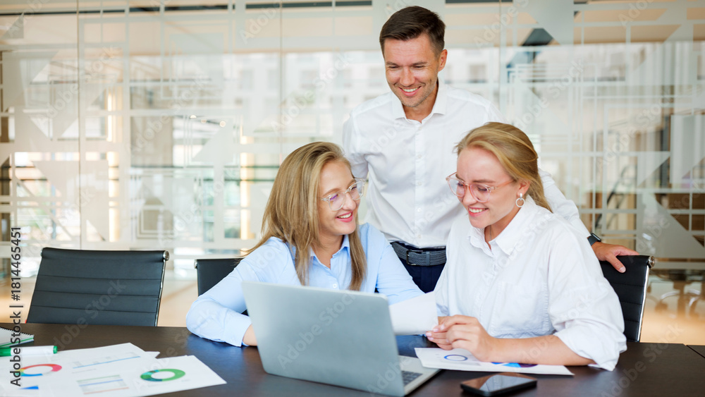 Fototapeta premium Team members collaborate on project in modern office