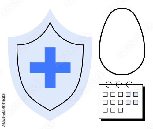 Blue cross on shield symbolizing protection, alongside an egg shape and calendar. Ideal for healthcare, fertility planning, security, scheduling, protection, wellness medical growth. Simple flat