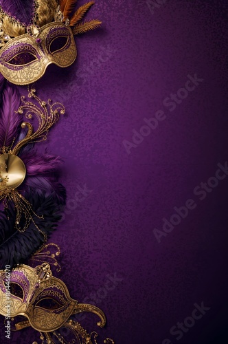 Festive Masquerade Masks With Vibrant Purple Background and Intricate Gold De...