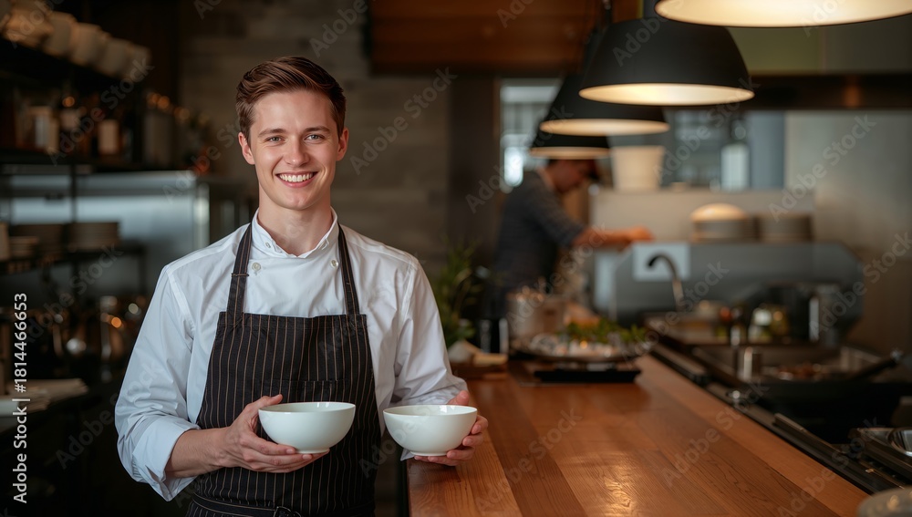 Naklejka premium Young Chef Smiles While Serving Dishes in a Busy Restaurant Kitchen During Dinner Service