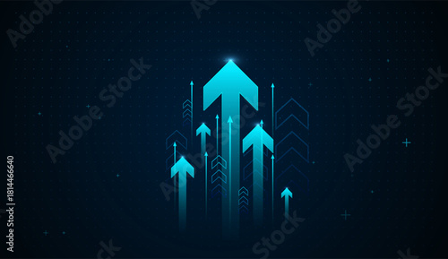 Multiple neon arrows ascend beneath a large glowing arrow, visualizing success, acceleration, and the forward movement of modern technology. Vector illustration