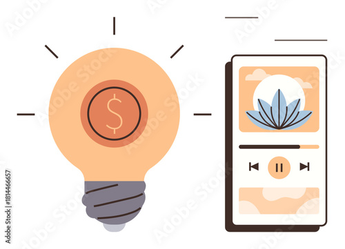 Glowing light bulb with dollar sign paired with smartphone playing relaxing music, symbolizing creativity and balance. Ideal for innovation, mindfulness, technology, productivity, finance, self-care