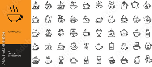 Tea and coffee icons, editable stroke, beverage sketch, mug outline, black and white, vector illustration