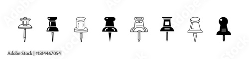 Push pin icon set. Outline needle, map, bulletin, board, and equipment, paper, note, solid thumbtack variations vector design collection.
