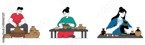 Pottery making people crafting clay bowls and decorating ceramic vases with hands-on wheel work and artistic detailing in workshop scene. flat vector illustration