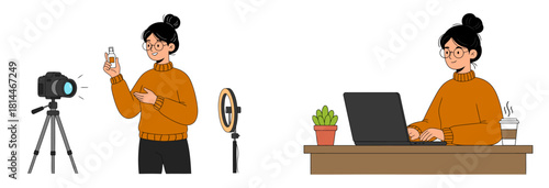 Girl creating content by recording a product video with camera and ring light, then working on laptop to edit and upload her footage, showing modern digital creator workflow. Flat vector illustration