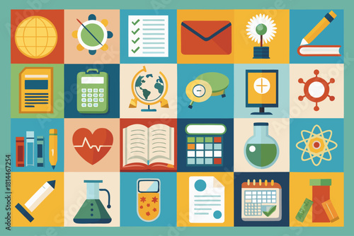 Education, Science, and Study Flat Vector Icon Grid Set