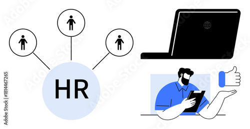 HR circle connects team icons, next to a laptop and a person holding a tablet with a thumbs-up. Ideal for HR, teamwork, recruitment, collaboration, employee management, business digital solutions. A