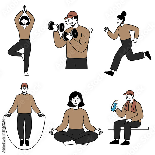 Set of six people doing various fitness activities including yoga, weightlifting, running, skipping, meditation and hydration. flat vector illustration
