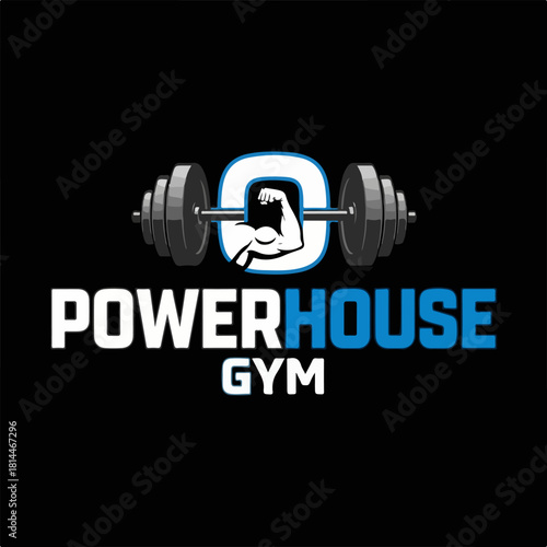 Fitness Center Logo Design Featuring Dumbbells and Strong Arm Graphic