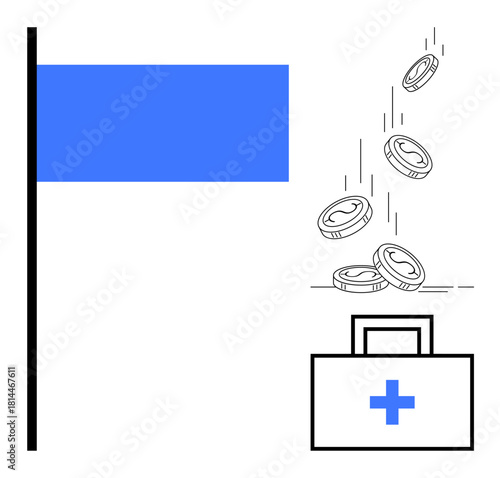 Blue flag, cascading coins, and a medical kit with a cross signify healthcare financing, saving, and funding. Ideal for insurance, healthcare, economy, charity medical aid cost reduction simple