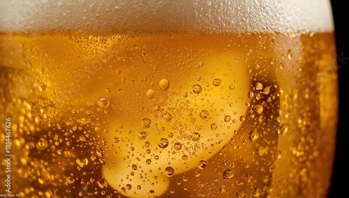 Refreshing Golden Beverage With Bubbles in a Close-Up View Captured Indoors