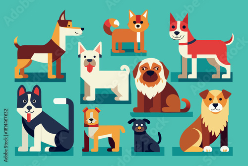 Diverse Dog Breeds Flat Vector Illustration Set on Teal Background