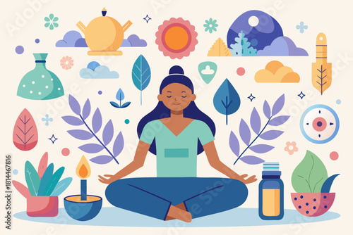 Woman Meditating Flat Vector Wellness and Natural Elements