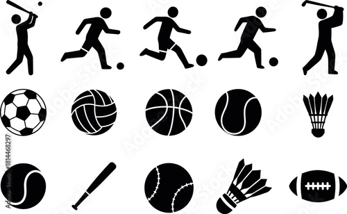 Collection of sport icons featuring players and balls in black silhouette