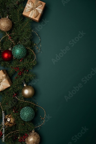 Festive Decorations With Ornaments and Gifts on a Green Background for Holida...