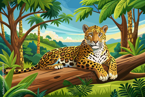 A majestic jaguar perched on a tree branch in the natural rainforest habitat of the Pantanal shows the powerful presence of wildlife, lush green spaces, tranquil natural scenery and realistic big cat 