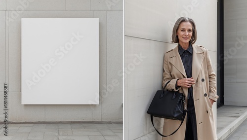 Woman in Stylish Coat Standing Next to Minimalist Art Installation in Urban S...
