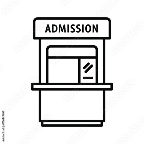Simple black and white line icon of an admission ticket booth or counter isolated on