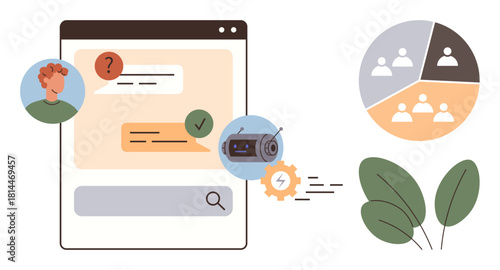 Chatbot answering questions in chat box, user avatar, group pie chart, and leaves. Ideal for customer service, teamwork, automation, AI technology communication online help. Simple flat metaphor